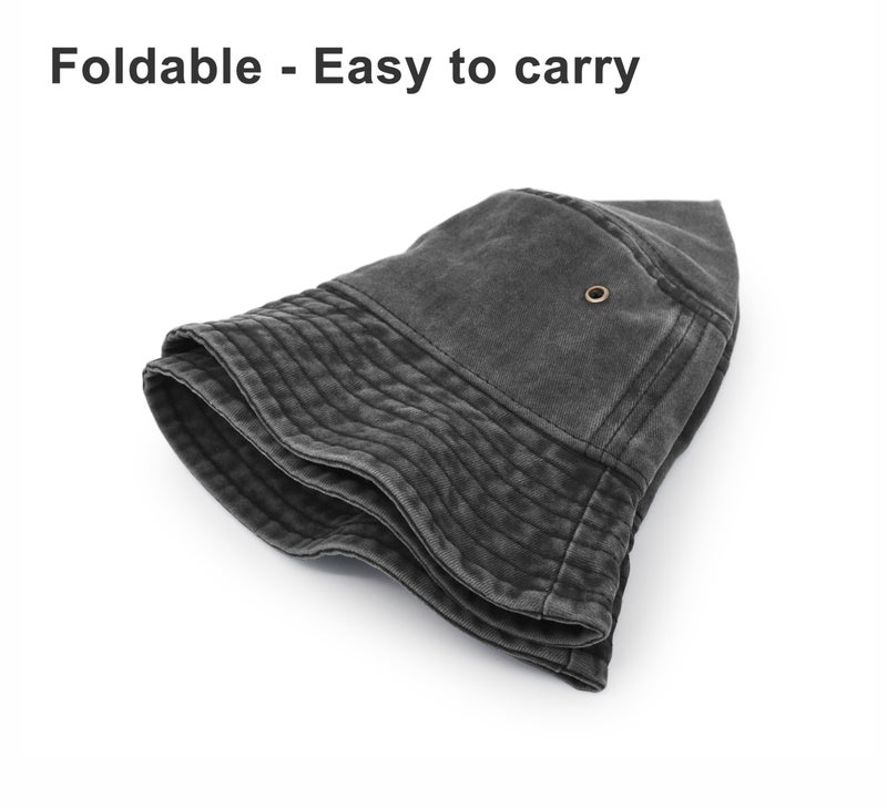 UltraKey Bucket Hat, Wide Brim Washed Denim Cotton Outdoor Sun Hat Flat Top Cap for Fishing Hiking Beach Sports Black - Image 4